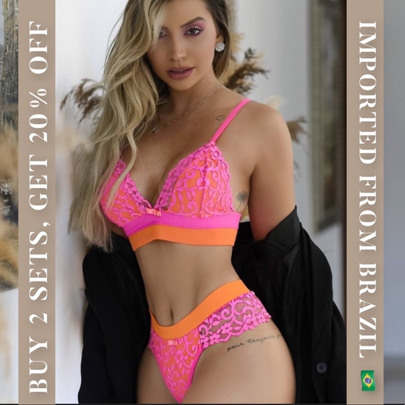 Neon lace bralette & thong panty - 2 piece set - Picture 2 of 16